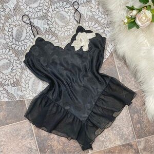 Vintage Victoria’s Secret Gold Label black flower print satin and chiffon teddy